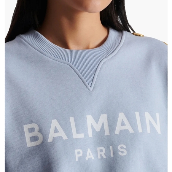 Balmain 3 Gold Button Logo Text Cropped Sweatshirt Size L Blue - Picture 3 of 14